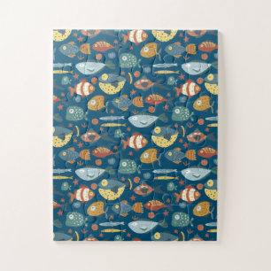Whimsical Underwater Ocean Fish Blue Sea Pattern Jigsaw Puzzle