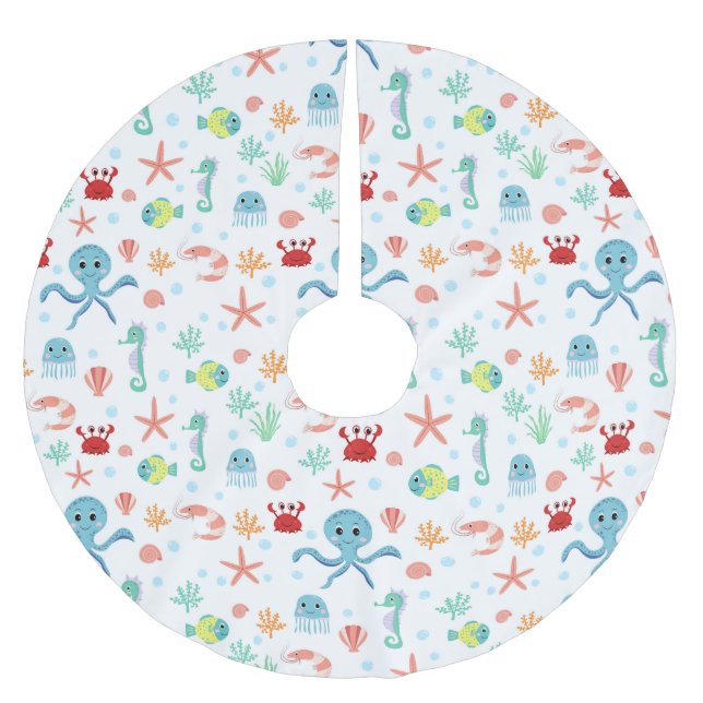 Whimsical Underwater Sea Creatures Brushed Polyester Tree Skirt (Front)