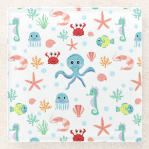 Whimsical Underwater Sea Creatures Glass Coaster