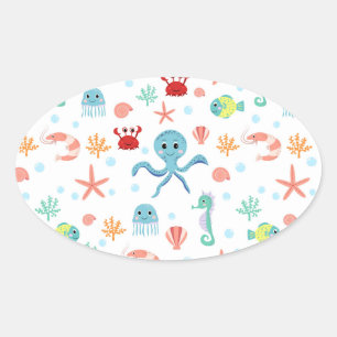 Whimsical Underwater Sea Creatures Oval Sticker