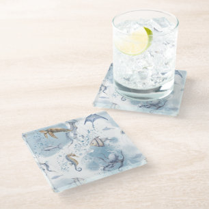 Whimsical Underwater World – Sea Creatures Pattern Glass Coaster