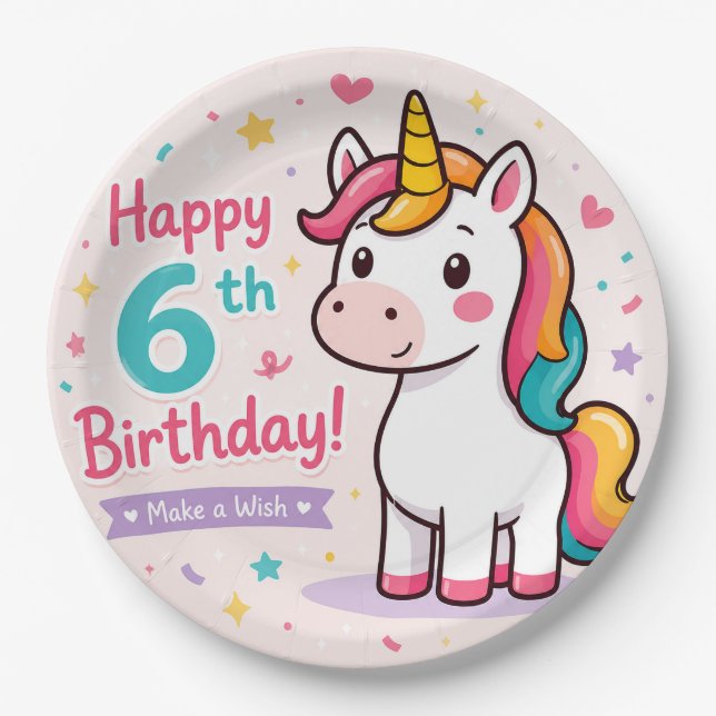 Whimsical Unicorn 6th Birthday Magic Paper Plate (Front)
