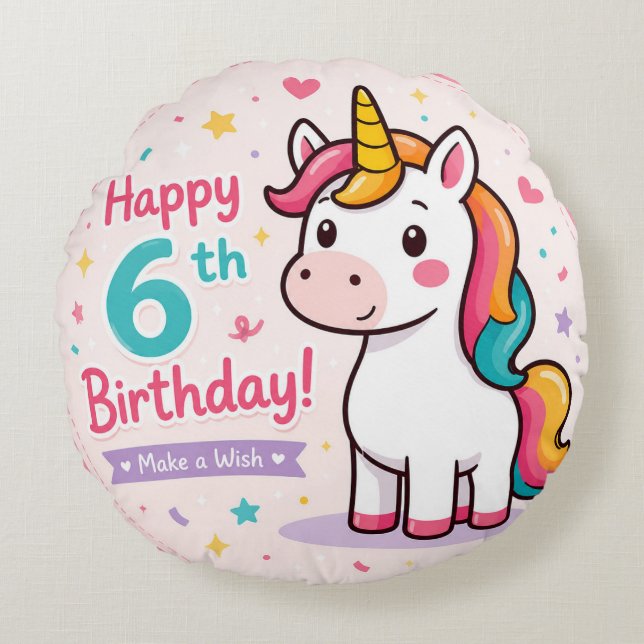 Whimsical Unicorn 6th Birthday Magic Round Cushion (Front)