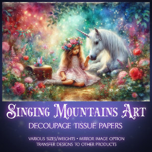 Whimsical Unicorn And Girl In Forest Decoupage Tissue Paper