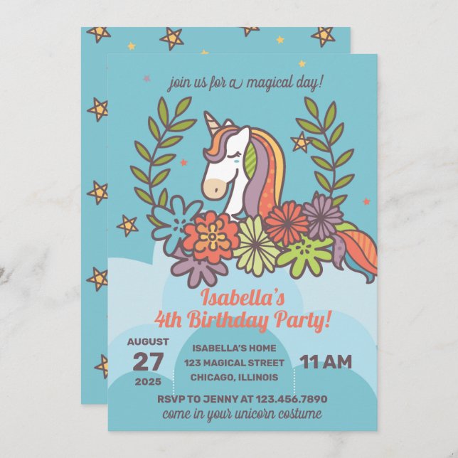 Whimsical Unicorn Birthday Party Invitation (Front/Back)