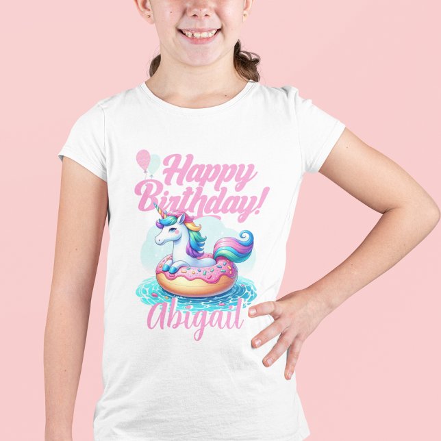 Whimsical Unicorn Doughnut Cute Rainbow Pool Party T-Shirt ( Girl wearing a "Happy Birthday" unicorn t-shirt.)