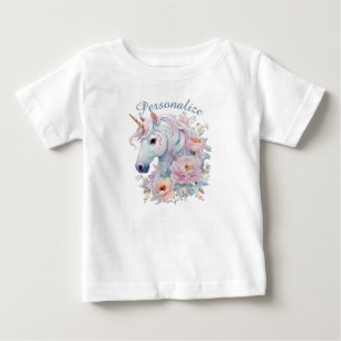 Whimsical Unicorn Floral Personalised Name Baby T-Shirt