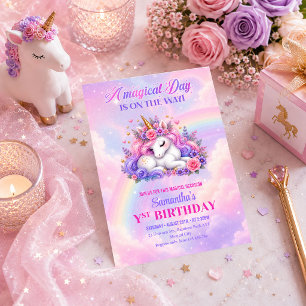 Whimsical Unicorn Girl Birthday Pastel Party Invit Invitation