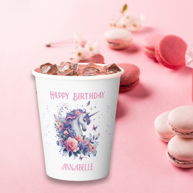 Whimsical Unicorn Glitter Pink Girl Birthday  Paper Cups (Creator Uploaded)
