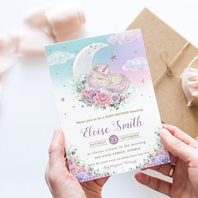 Whimsical Unicorn Moon Purple Floral Baby Shower Invitation (Creator Uploaded)