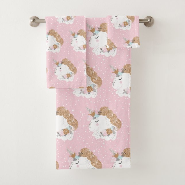 Whimsical Unicorn Pink Pattern Bath Towel Set (Insitu)