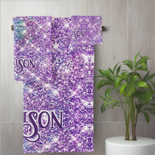 Whimsical unicorn purple glitter monogram bath towel set