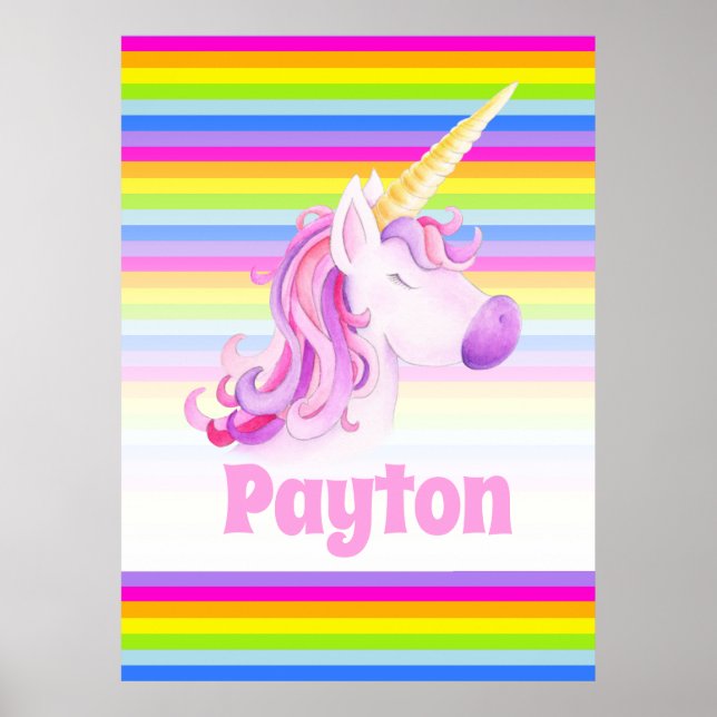 Whimsical unicorn rainbow stripes personalized poster (Front)