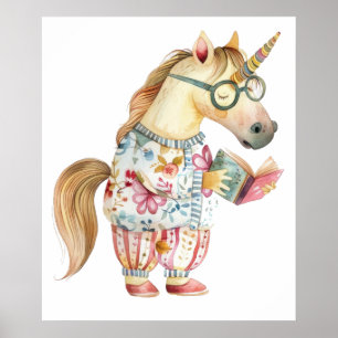 Whimsical unicorn reading book poster