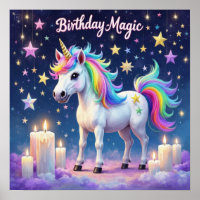 Whimsical unicorn with rainbow Birthday Magic art