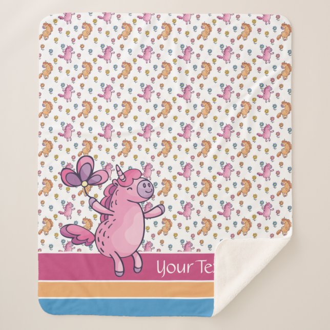 Whimsical Unicorns and Pretty Flowers Pattern Sherpa Blanket (Front)