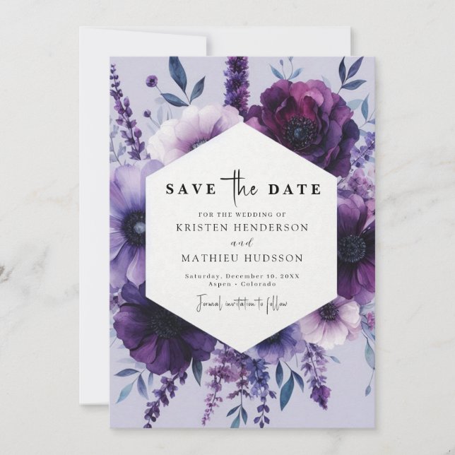 Whimsical Unique Purple Floral Wedding Save The Date (Front)