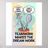 "Whimsical Utensil Teamwork Quote Kitchen Poster"