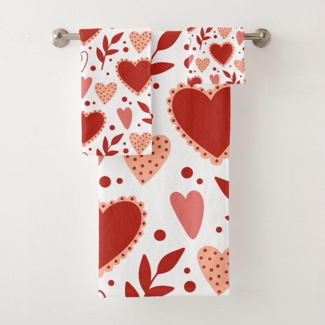 Whimsical Valentine Heart Pattern Bath Towel Set (Insitu)