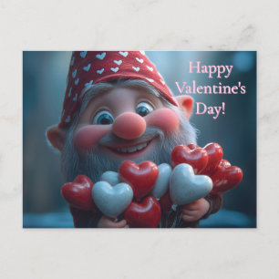 Whimsical Valentine's Gnome with Heart Balloons Holiday Postcard