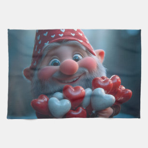 Whimsical Valentine's Gnome with Heart Balloons Tea Towel