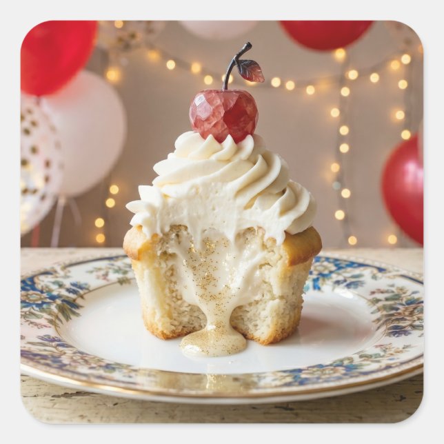 Whimsical Vanilla Birthday Cupcake & Balloons Square Sticker (Front)