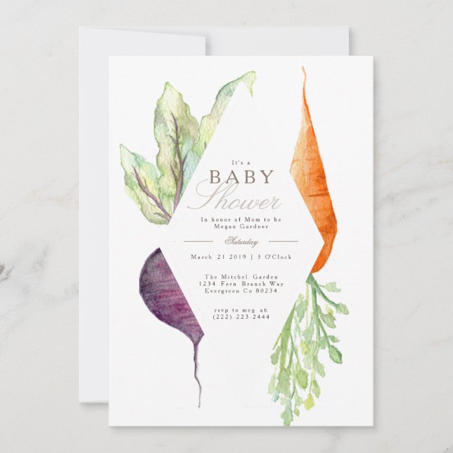 Whimsical Veggie Patch Baby Shower | Beet & Carrot Invitation (Front)