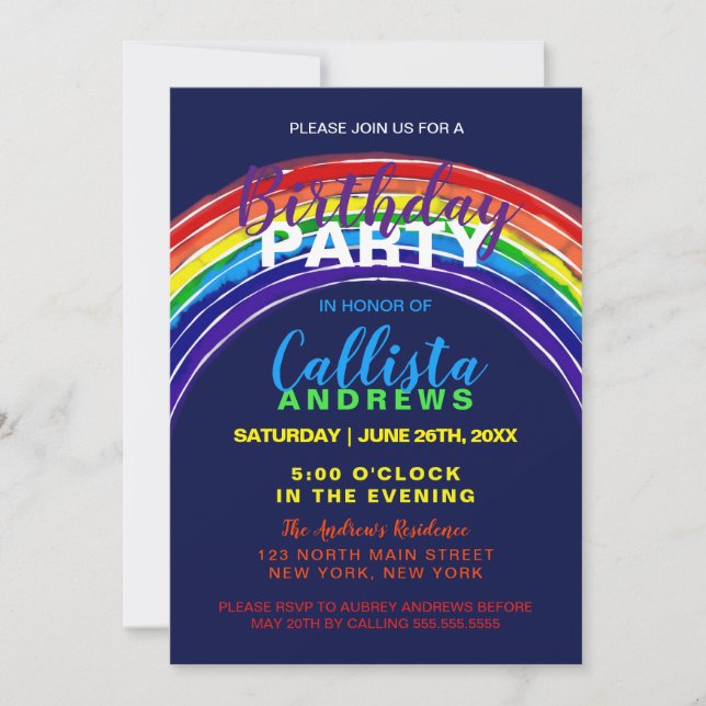 Whimsical Vibrant Rainbow Watercolor Birthday Invitation (Front)