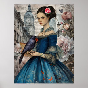 Whimsical Victorian Gothic Girl & Florals London Poster