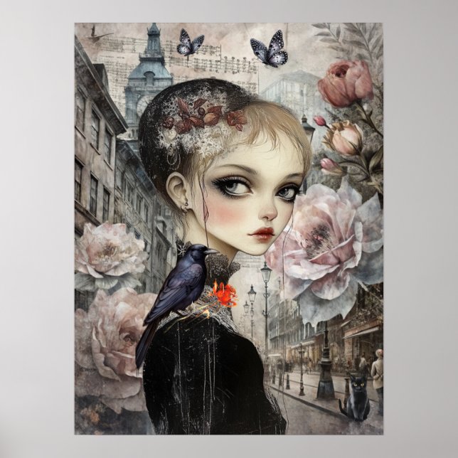 Whimsical Victorian Gothic Girl & Florals London Poster (Front)