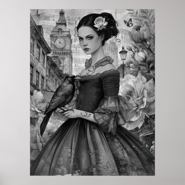 Whimsical Victorian Gothic Girl & Florals London Poster (Front)