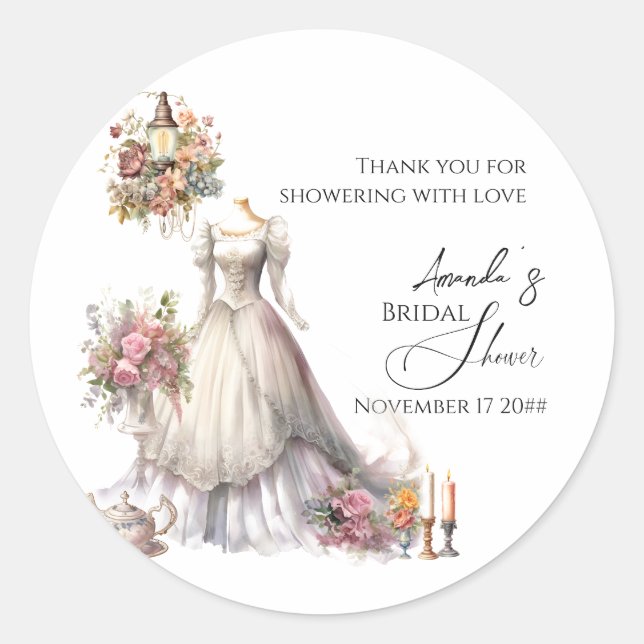 Whimsical Victorian Wedding Dress Bridal Shower Classic Round Sticker (Front)