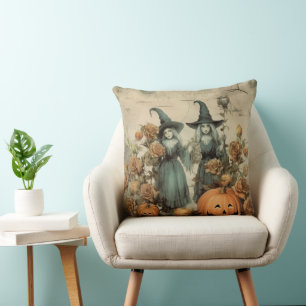 Whimsical Victorian Witches Pumpkin Roses Cushion