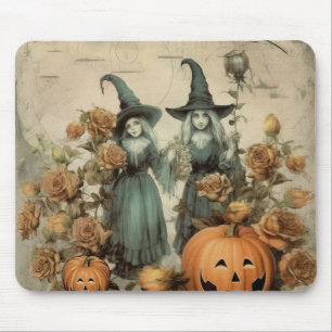 Whimsical Victorian Witches Pumpkin Roses Mouse Pad