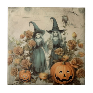 Whimsical Victorian Witches Pumpkin Roses Tile