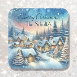 Whimsical Village Christmas Personalised Square Sticker<br><div class="desc">Personalised Christmas stickers or envelope seals.  Ai illustration in a watercolor style of an enchanted whimsical little village in a winter wonderland.</div>