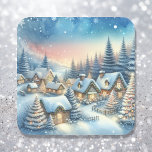 Whimsical Village Christmas Square Sticker<br><div class="desc">Christmas stickers or envelope seals.  Ai illustration in a watercolor style of an enchanted whimsical little village in a winter wonderland.</div>