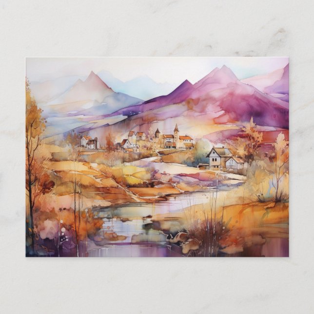 Whimsical Village Watercolor Postcard  (Front)