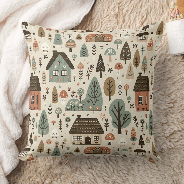 Whimsical Village with Cottages and Trees Cushion (Blanket)