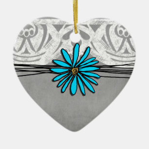Whimsical Vintage Blue and Grey Daisy Ceramic Tree Decoration