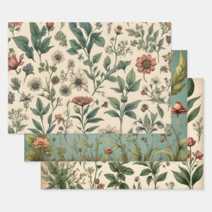 Whimsical Vintage Botanical Floral Sketches Wrapping Paper Sheet