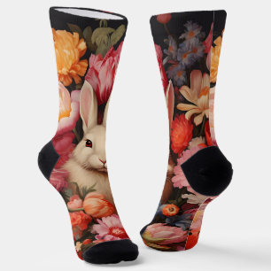 Whimsical Vintage Bunny Spring Blooms Socks