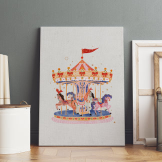 Whimsical Vintage Carousel Watercolor Poster