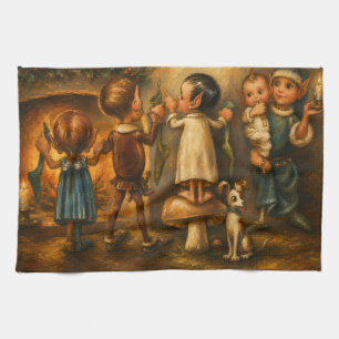 Whimsical Vintage Christmas Elves Oil Painting Tea Towel
