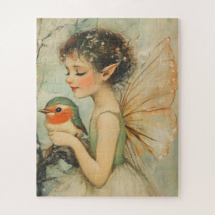 Whimsical Vintage Christmas Fairy with Robin Jigsaw Puzzle