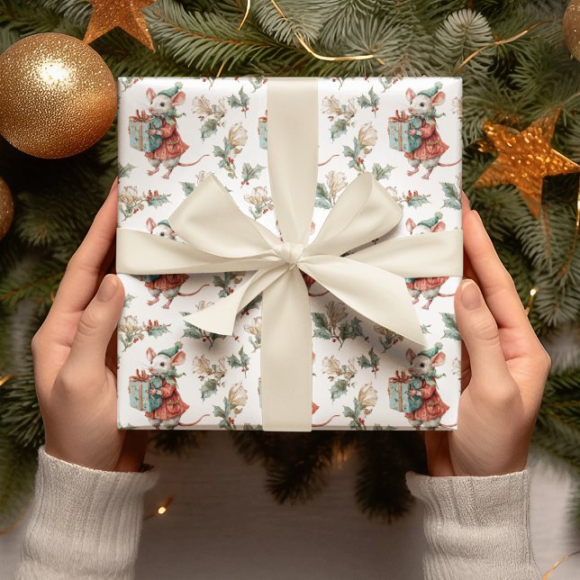 Whimsical Vintage Christmas Mouse Wrapping Paper  (Creator Uploaded)