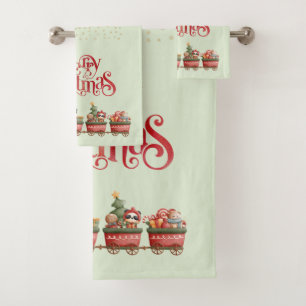 Whimsical Vintage Christmas Train with Toys Bath Towel Set