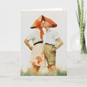 Whimsical Vintage Couple Kiss Illustration Card