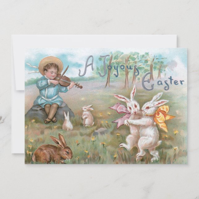 Whimsical Vintage Dancing Easter Bunnies Holiday Card (Front)