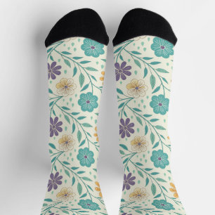 Whimsical Vintage Floral Cream Patterned  Socks